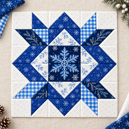 Frostlit Nights Star blue and white winter quilt block: fabric palette story. AI-generated fabric-styling illustration.