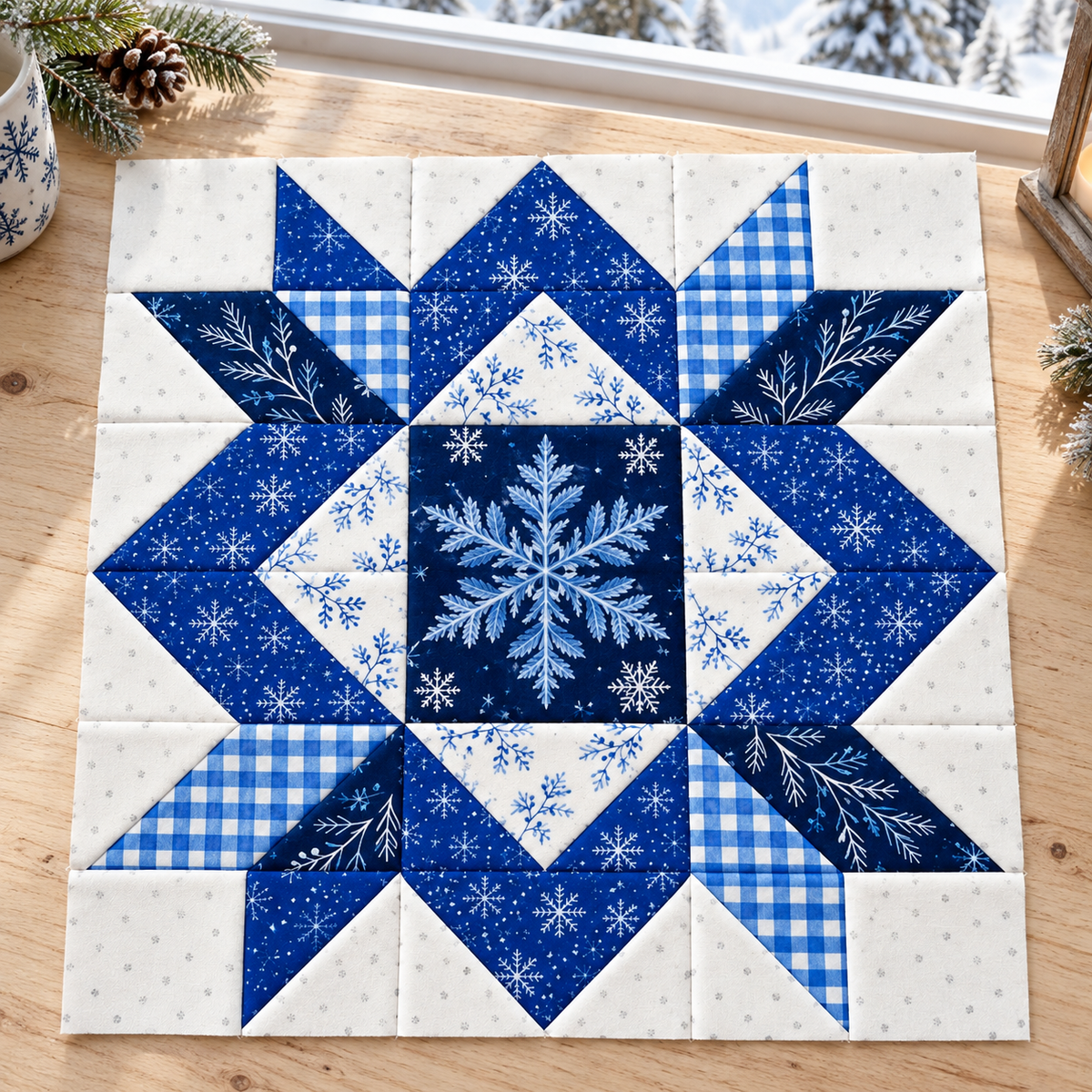 Frostlit Nights Star blue and white winter quilt block: snowy window. AI-generated fabric-styling illustration.