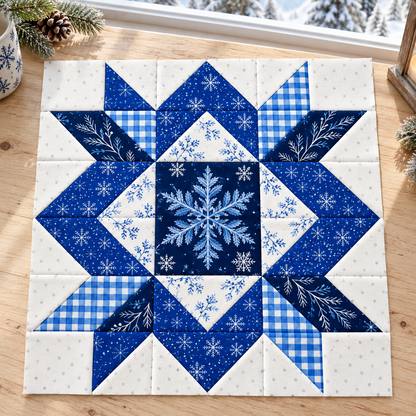 Frostlit Nights Star blue and white winter quilt block: snowy window. AI-generated fabric-styling illustration.