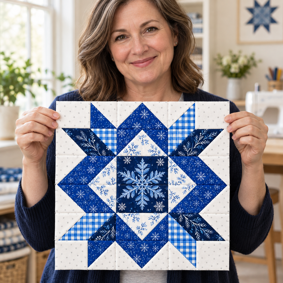 Frostlit Nights Star blue and white winter quilt block: proud maker. AI-generated fabric-styling illustration.