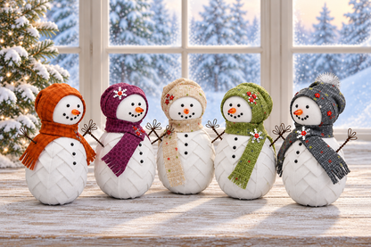 Frosty Folded Snowman Ornament pattern, five no-sew quilted fabric snowmen with hats and scarves by a winter window