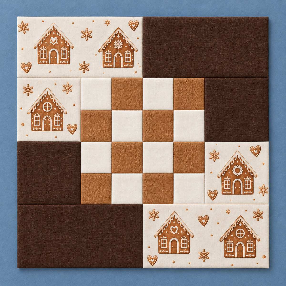 Gingerbread Belle Christmas quilt block — square catalog; AI-generated fabric inspiration