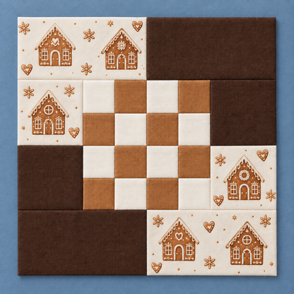 Gingerbread Belle Christmas quilt block — square catalog; AI-generated fabric inspiration