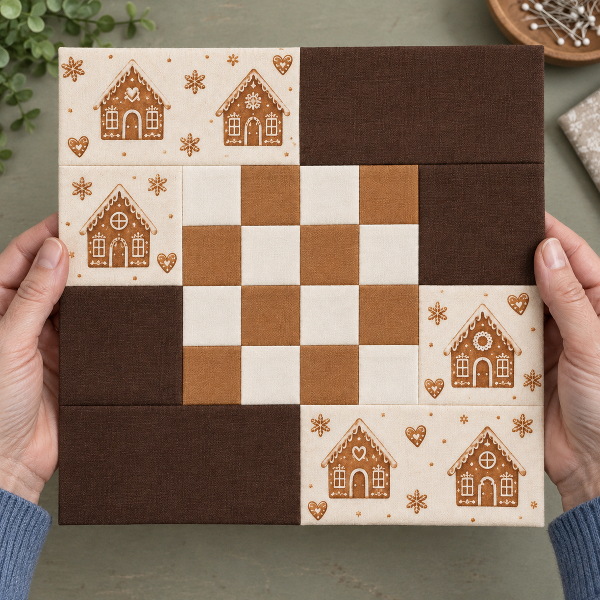Gingerbread Belle Christmas quilt block — hands scale; AI-generated fabric inspiration