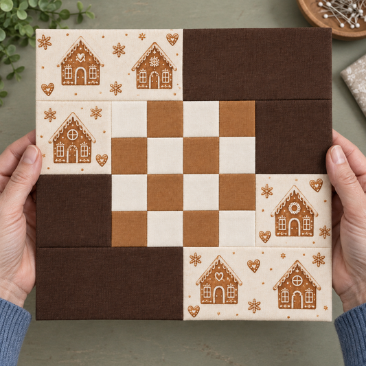 Gingerbread Belle Christmas quilt block — hands scale; AI-generated fabric inspiration