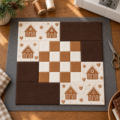 Gingerbread Belle Christmas quilt block — sewing corner; AI-generated fabric inspiration