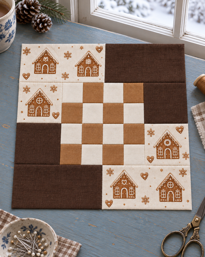 Gingerbread Belle Christmas quilt block — window light; AI-generated fabric inspiration