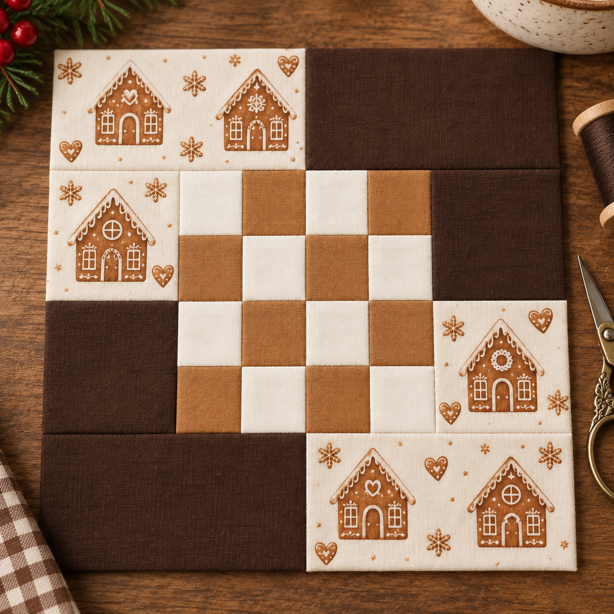 Gingerbread Belle Christmas quilt block — checkerboard detail; AI-generated fabric inspiration