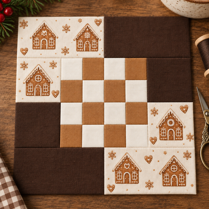 Gingerbread Belle Christmas quilt block — checkerboard detail; AI-generated fabric inspiration