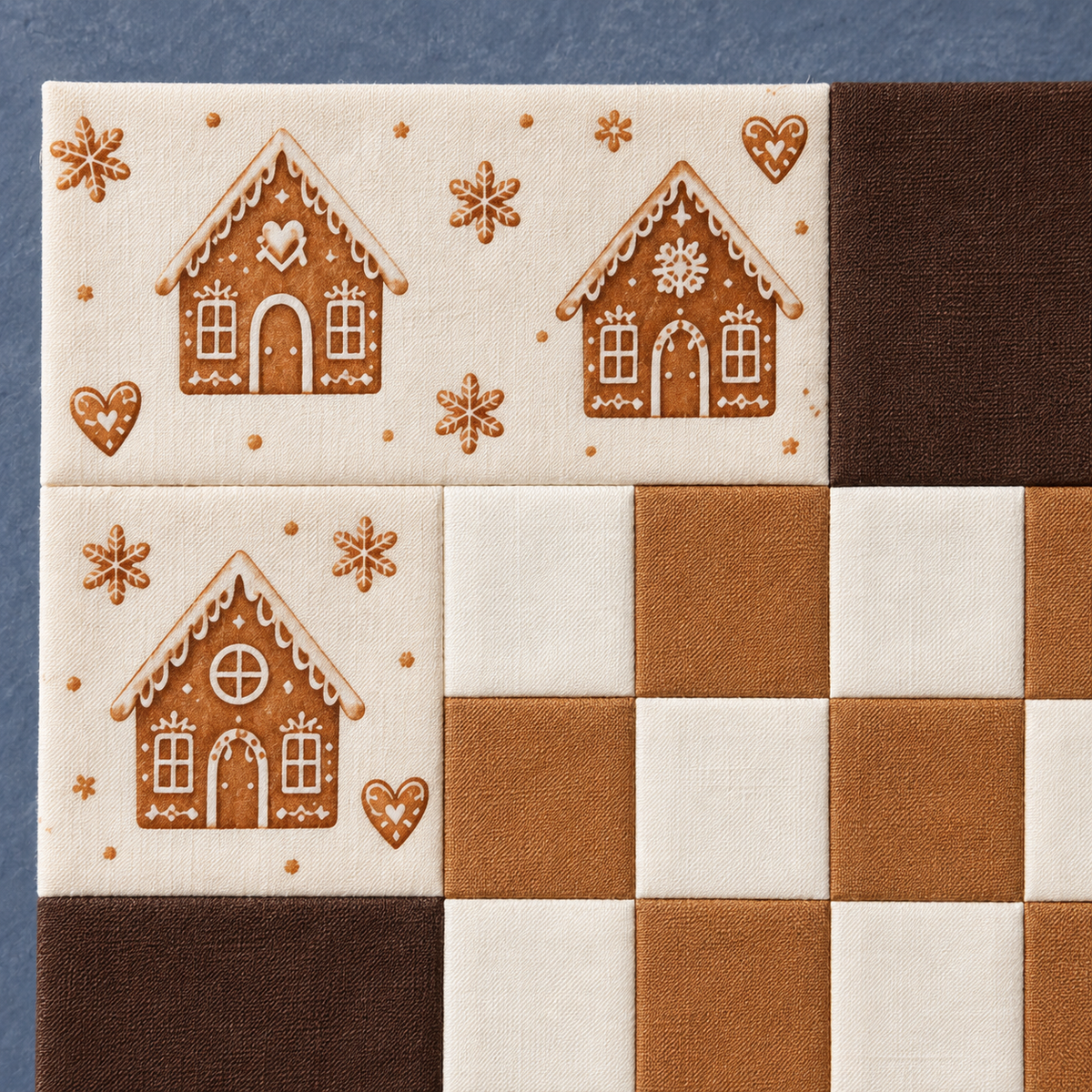 Gingerbread Belle Christmas quilt block — gingerbread detail; AI-generated fabric inspiration