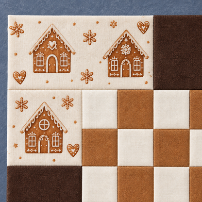 Gingerbread Belle Christmas quilt block — gingerbread detail; AI-generated fabric inspiration
