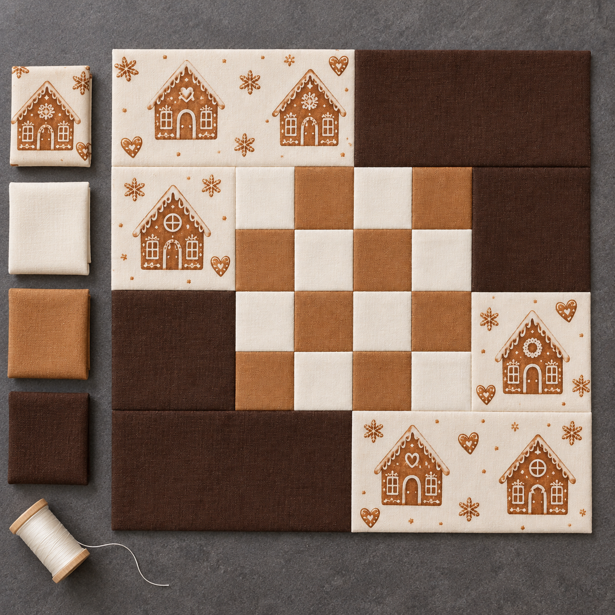 Gingerbread Belle Christmas quilt block — fabric palette; AI-generated fabric inspiration