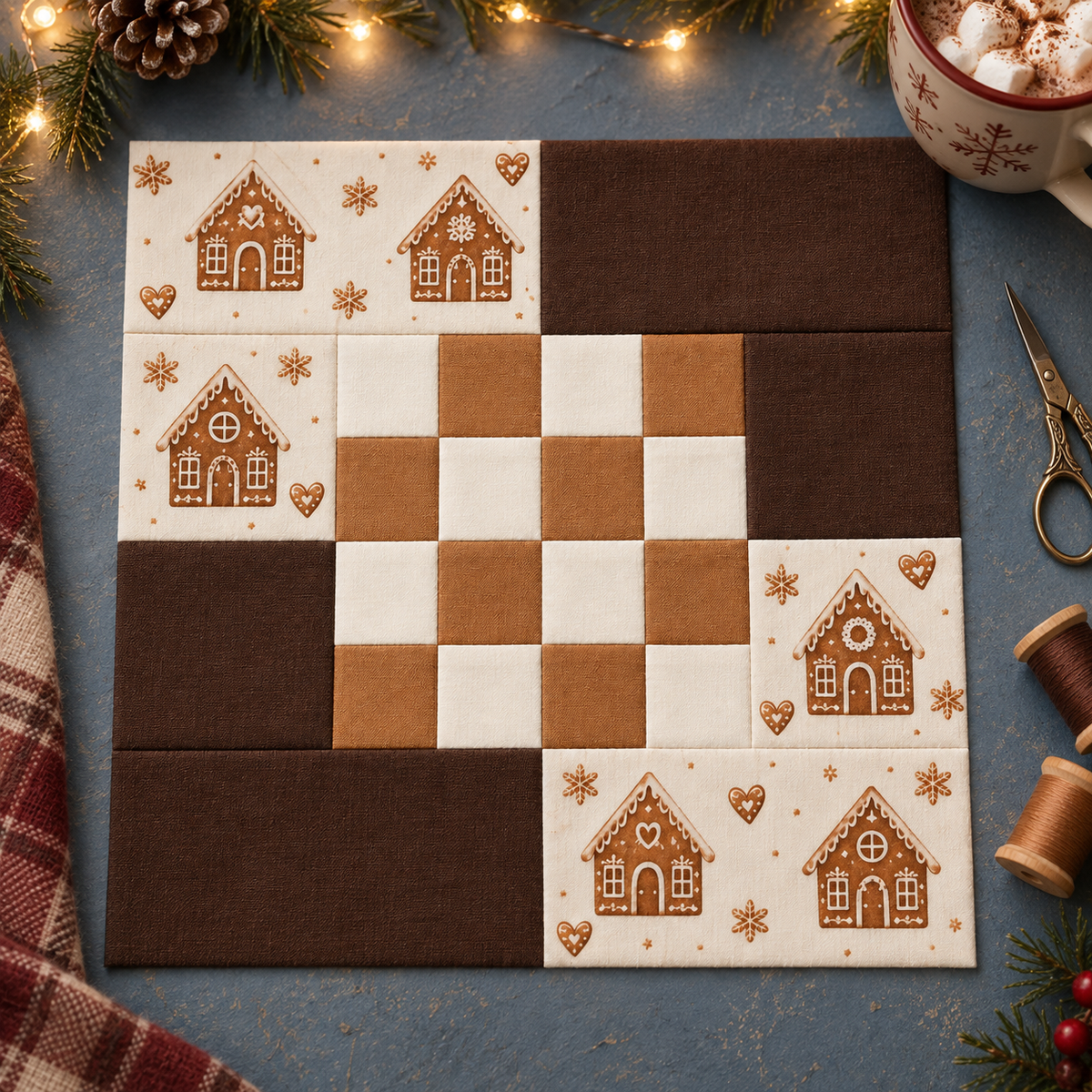 Gingerbread Belle Christmas quilt block — winter evening; AI-generated fabric inspiration