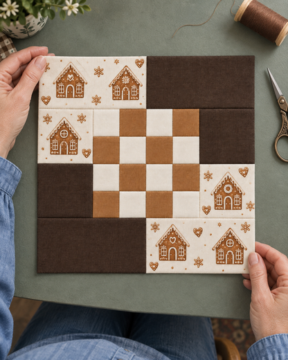 Gingerbread Belle Christmas quilt block — makers table; AI-generated fabric inspiration