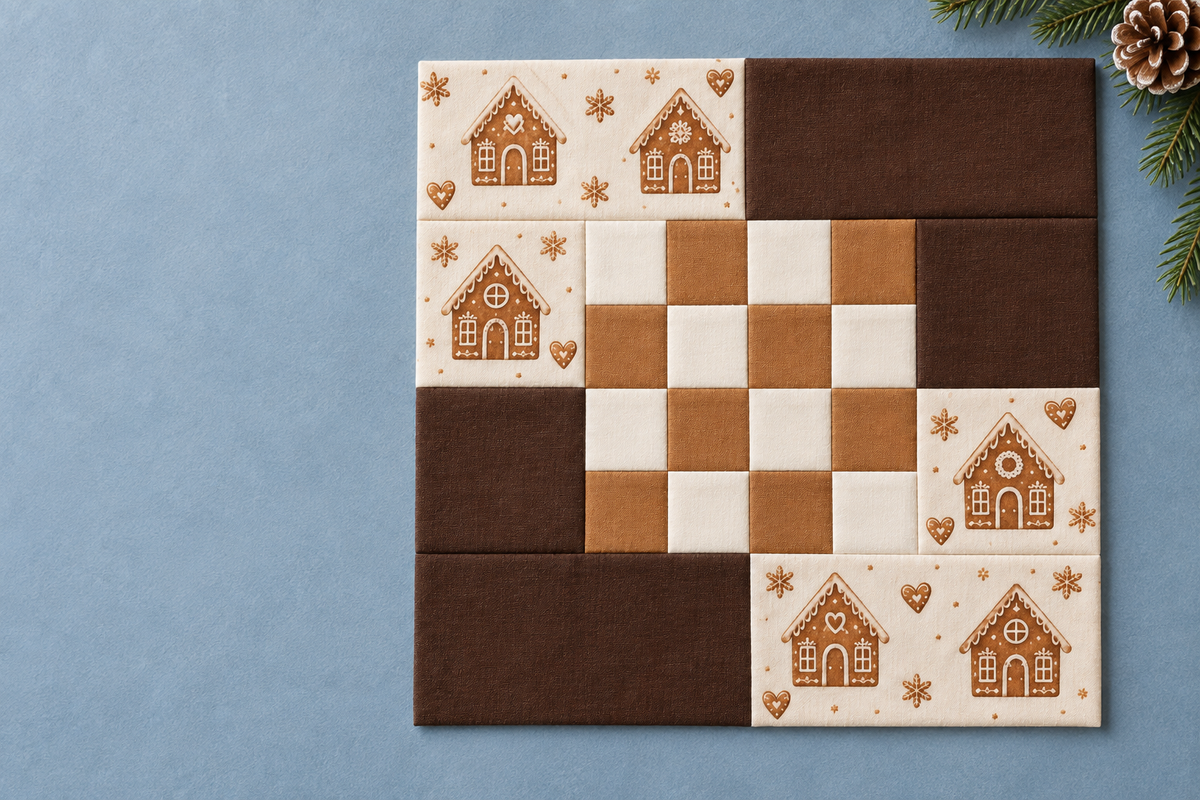 Gingerbread Belle Christmas quilt block — wide banner; AI-generated fabric inspiration
