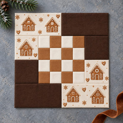 Gingerbread Belle Christmas quilt block in ivory, caramel and chocolate with printed gingerbread houses — AI-generated styling illustration