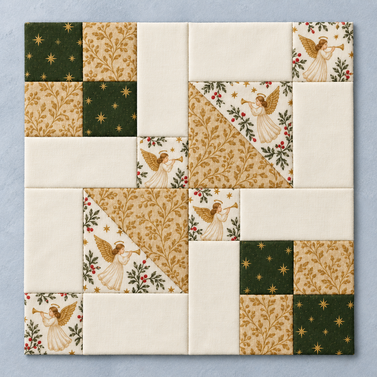 Golden Angel Christmas quilt block in olive green, champagne gold and ivory — AI-generated fabric styling illustration