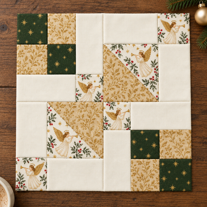 Golden Angel Christmas quilt block on an oak table — AI-generated styling illustration