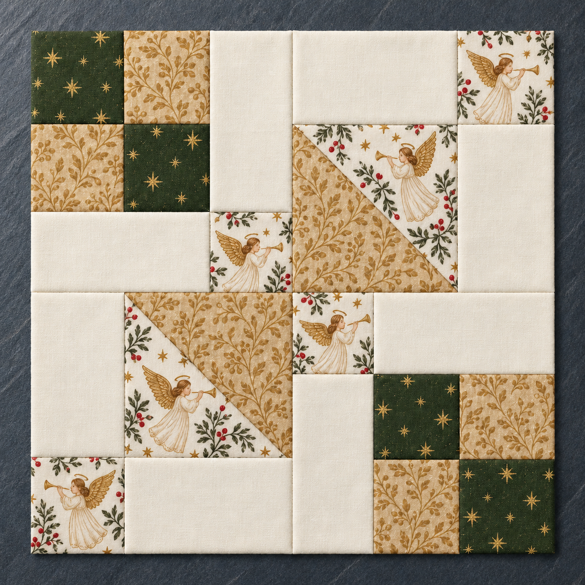 Olive and gold angel quilt block against a charcoal backdrop — AI-generated styling illustration