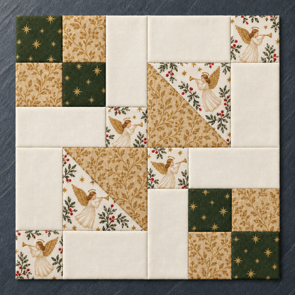 Olive and gold angel quilt block against a charcoal backdrop — AI-generated styling illustration