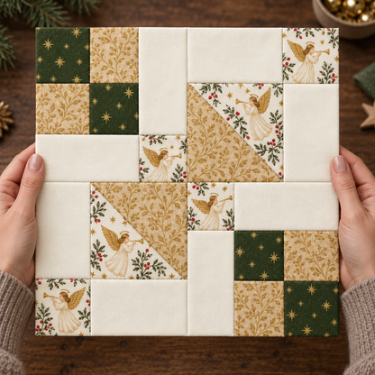 Hands holding a square Golden Angel Christmas quilt block — AI-generated styling illustration