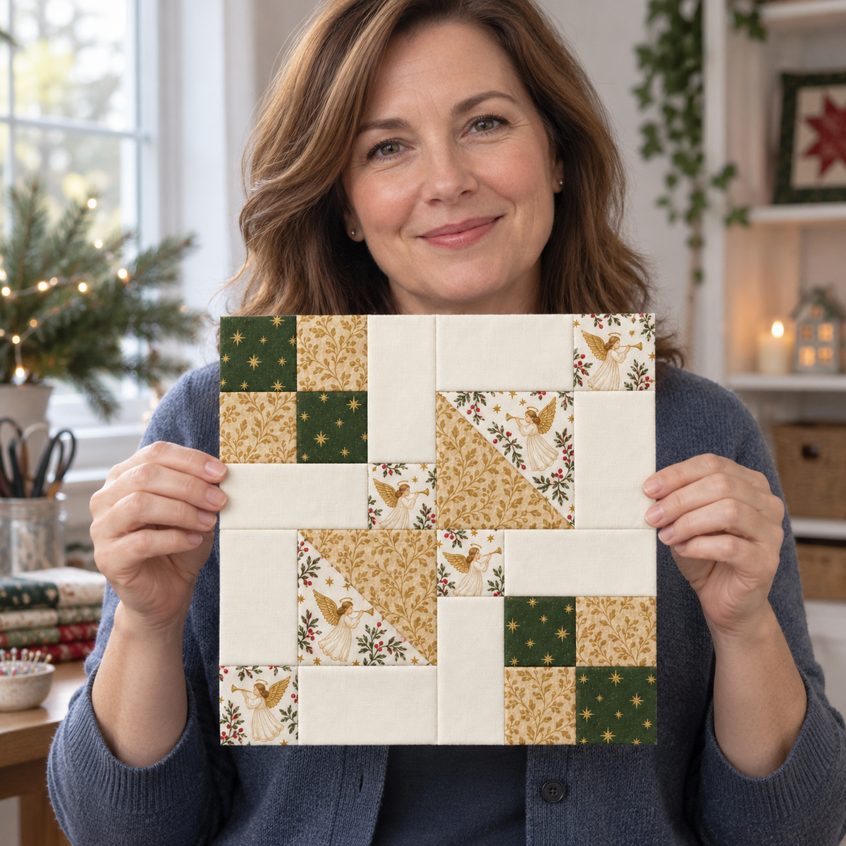 Woman displaying the Golden Angel Christmas quilt block — AI-generated styling illustration