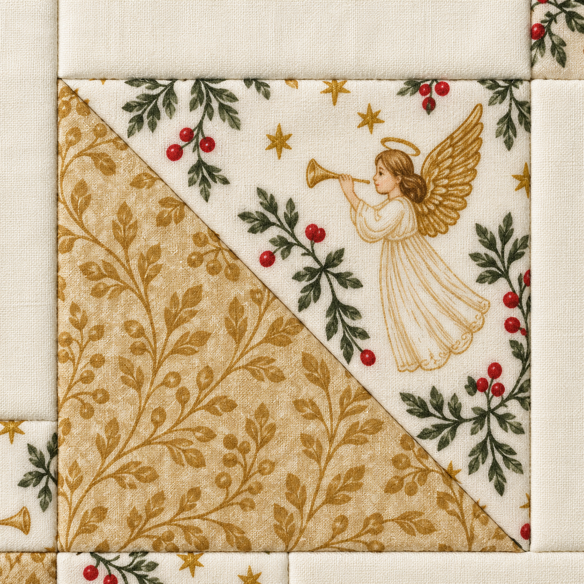 Close-up of angel-print and gold botanical half-square-triangle fabrics — AI-generated styling illustration