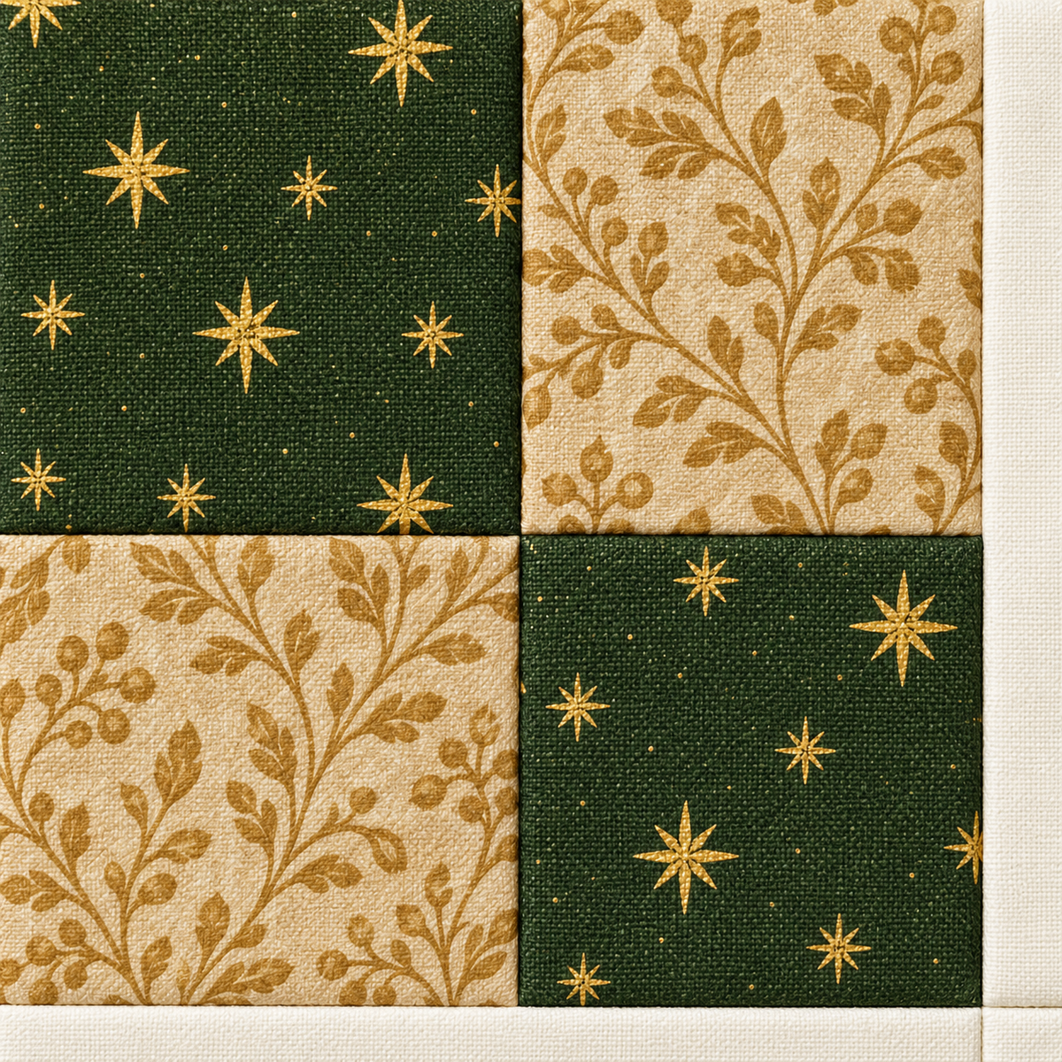 Close-up of olive star and champagne botanical four-patch squares — AI-generated styling illustration