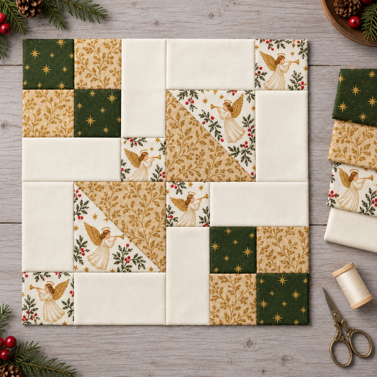 Golden Angel quilt block styled with coordinating fabric swatches — AI-generated styling illustration