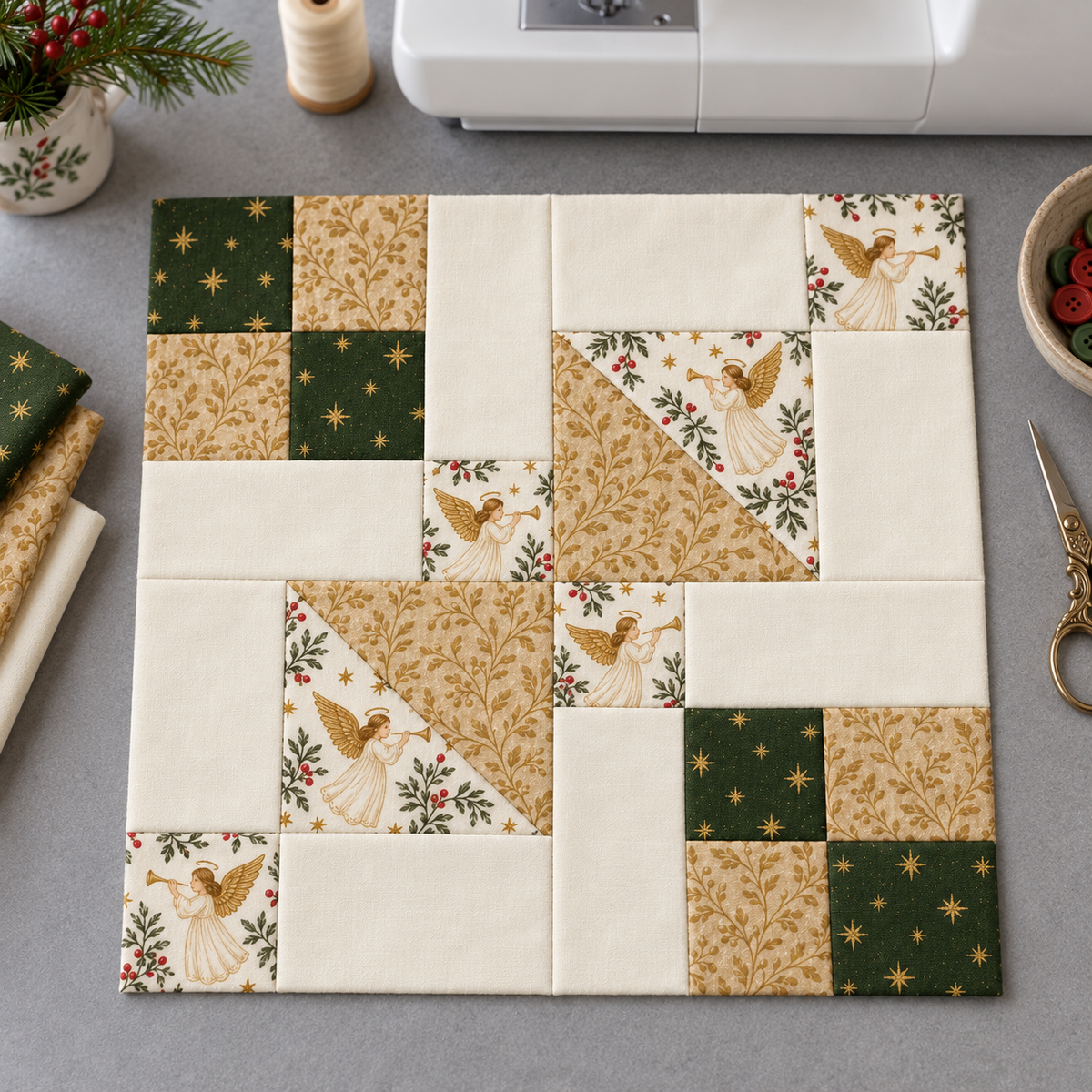 Golden Angel Christmas quilt block on a sewing table — AI-generated styling illustration