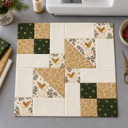 Golden Angel Christmas quilt block on a sewing table — AI-generated styling illustration