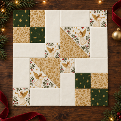 Golden Angel patchwork block styled with festive greenery — AI-generated styling illustration