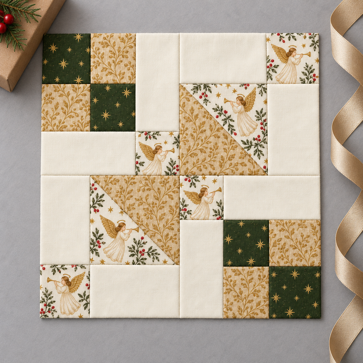Golden Angel Christmas quilt block beside gift styling — AI-generated styling illustration
