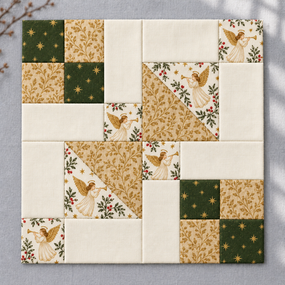 Golden Angel quilt block photographed in soft window light — AI-generated styling illustration