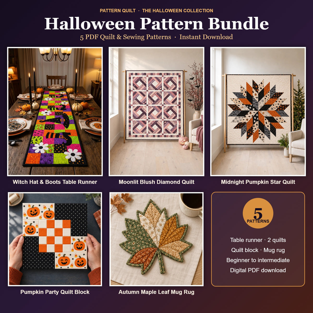 Halloween Pattern Bundle – 5 PDF patterns: Witch Hat & Boots Table Runner, Moonlit Blush Diamond Quilt, Midnight Pumpkin Star Quilt, Pumpkin Party Quilt Block, Autumn Maple Leaf Mug Rug