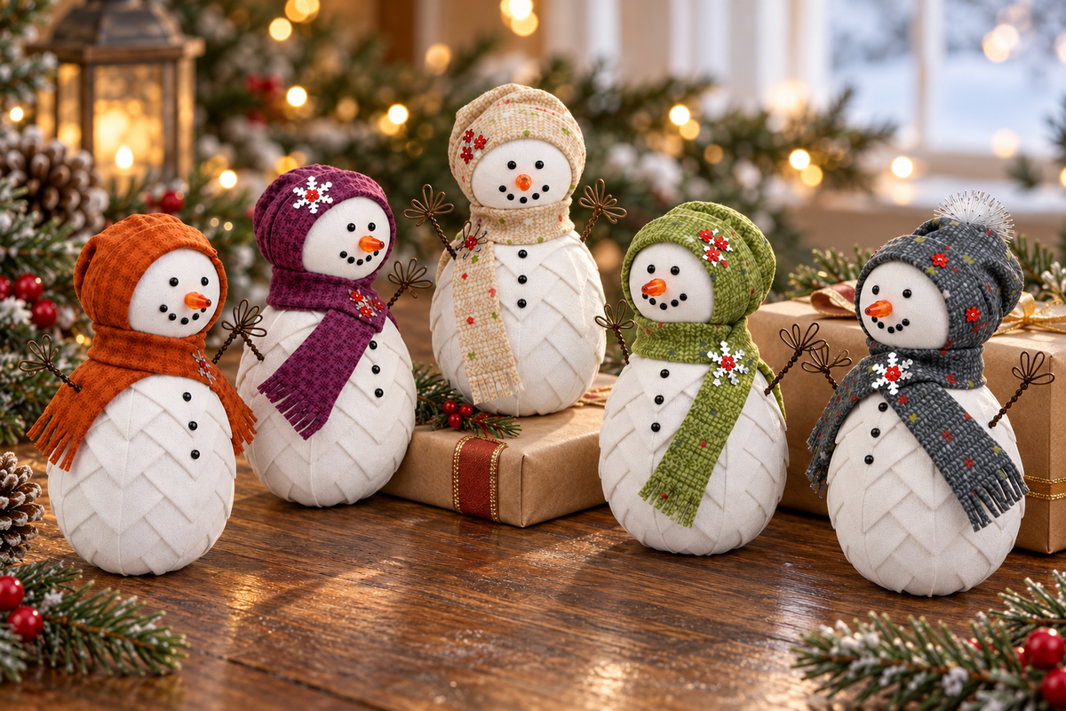 Handmade no-sew snowman ornaments in orange, plum, cream, green and gray on a wooden table with Christmas gifts
