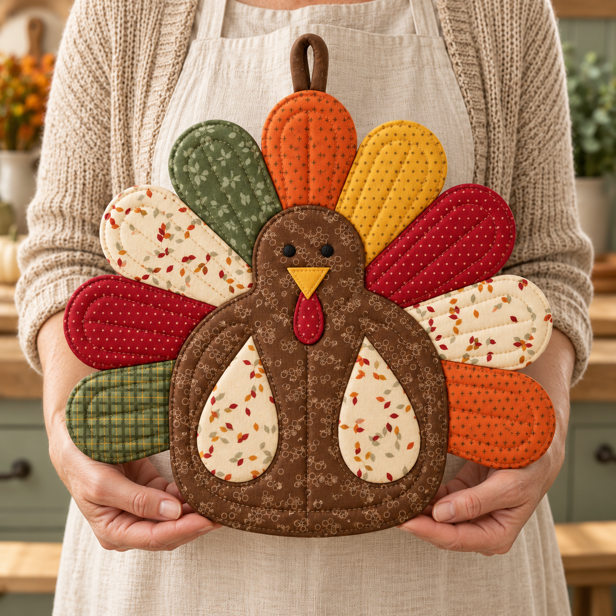 Woman in an apron holding a handmade quilted turkey potholder sewn from autumn fabric scraps