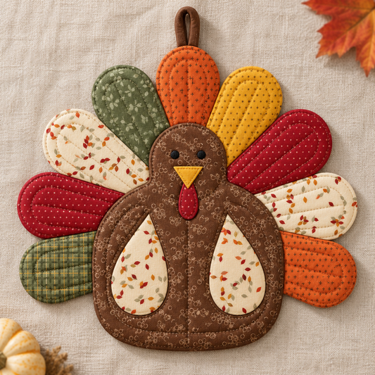 Harvest Fan Turkey Potholder sewing pattern, quilted Thanksgiving hot pad with nine fall-color patchwork feathers and a hanging loop
