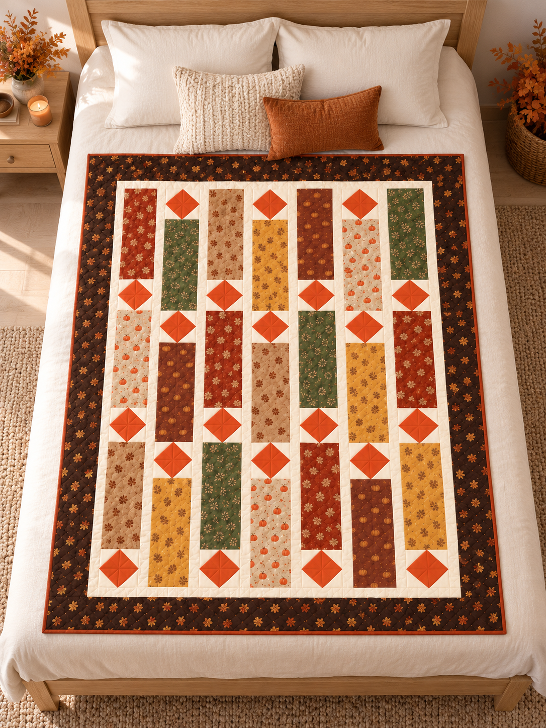 Autumn quilt with tall rectangles and orange diamonds spread over a white bed, seen from above
