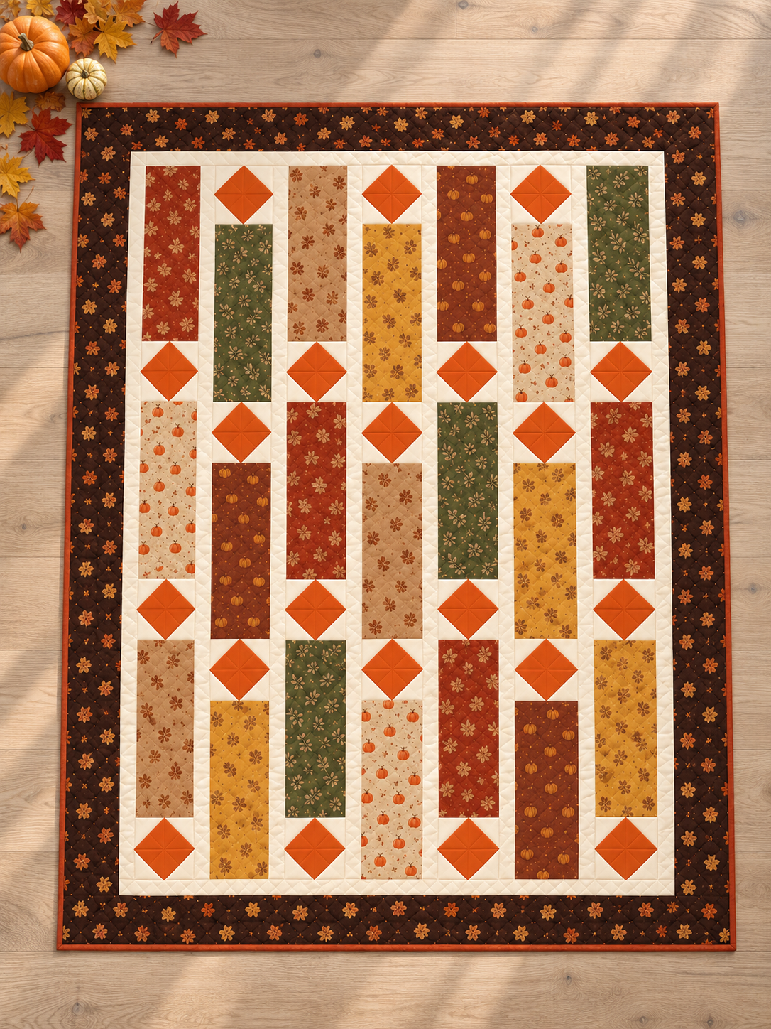 Autumn fat quarter quilt laid flat on a wooden floor with small pumpkins and fall leaves