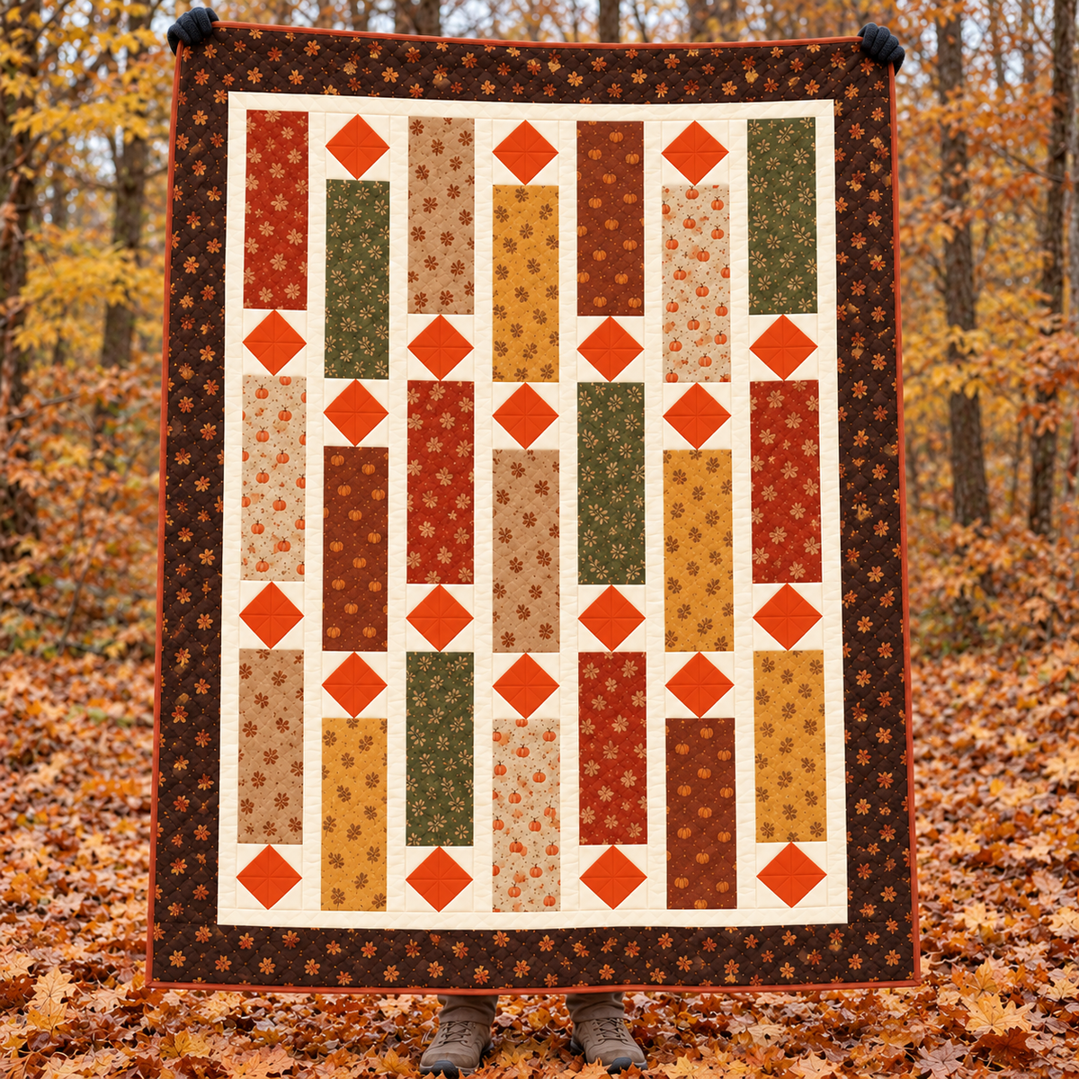 Harvest Lanterns quilt held up outdoors in an autumn forest covered with fallen leaves