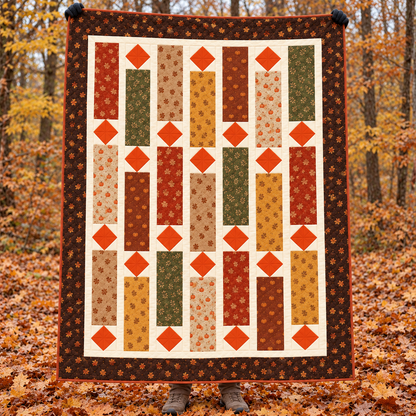 Harvest Lanterns quilt held up outdoors in an autumn forest covered with fallen leaves