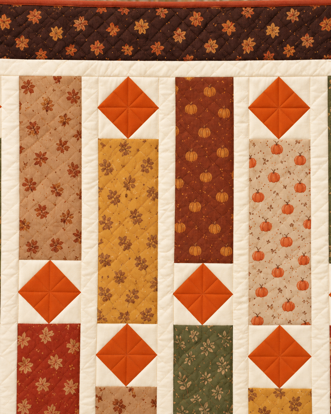 Close-up of fall fat quarter prints with pumpkins, leaves and flowers in tan, gold, rust and sage beside orange diamonds