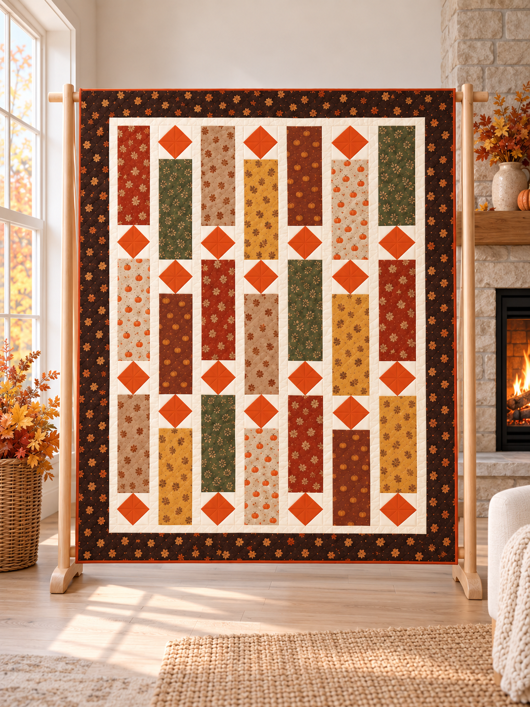 Harvest Lanterns quilt on a wooden stand beside a stone fireplace decorated with autumn leaves