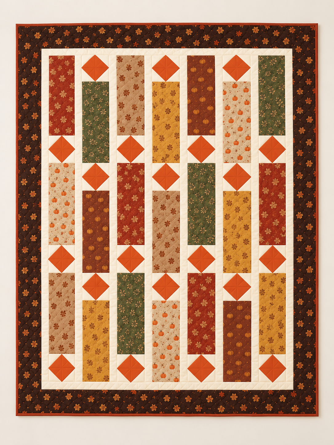 Harvest Lanterns quilt in fall prints with pumpkin-orange diamonds, cream sashing and a dark brown floral border, full front view