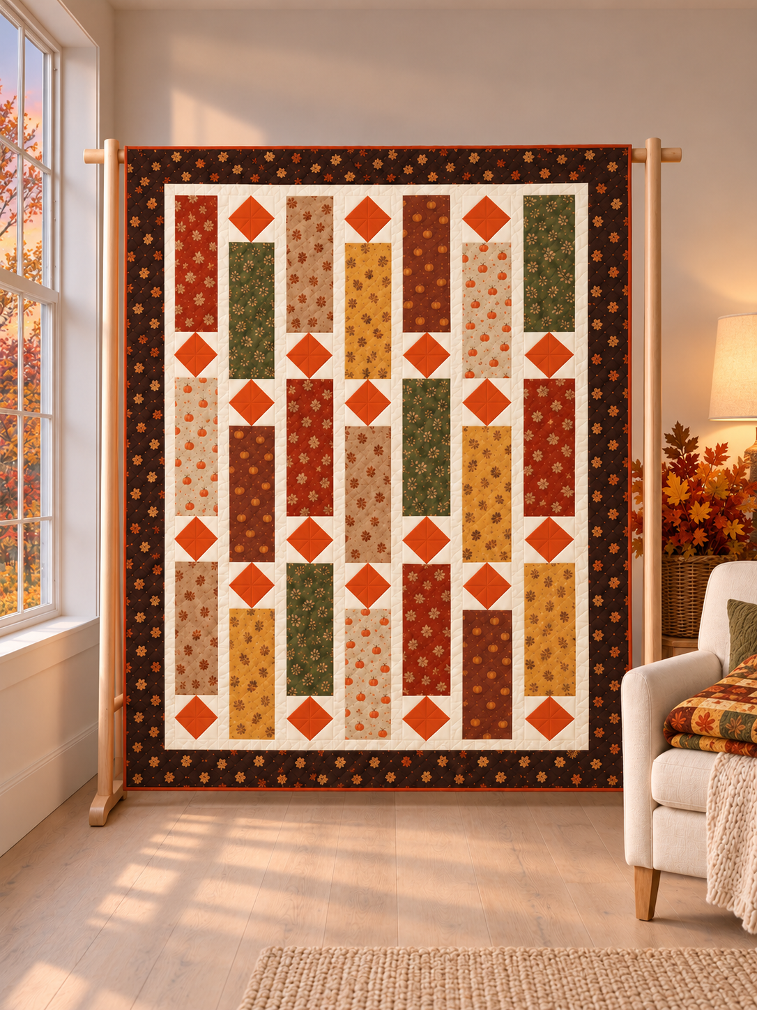 Fall lap quilt on a quilt stand in a cozy living room with autumn trees outside at sunset