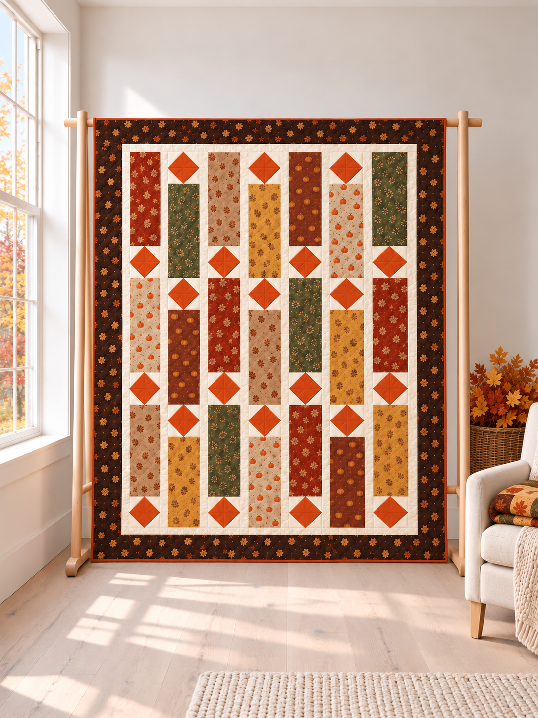 Harvest Lanterns fat quarter quilt pattern PDF, autumn quilt with rust, gold and sage rectangles and orange diamonds on a wooden stand