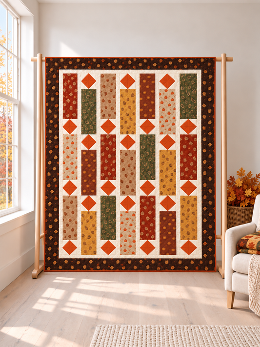 Harvest Lanterns fat quarter quilt pattern PDF, autumn quilt with rust, gold and sage rectangles and orange diamonds on a wooden stand
