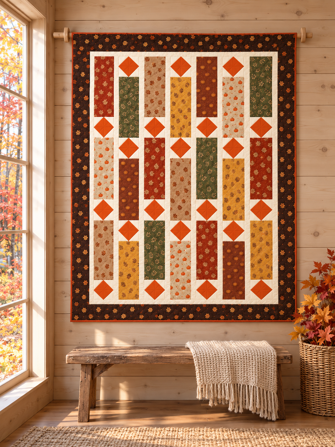 Fall quilt hanging on a wooden rod in a rustic cabin above a bench with a cream throw