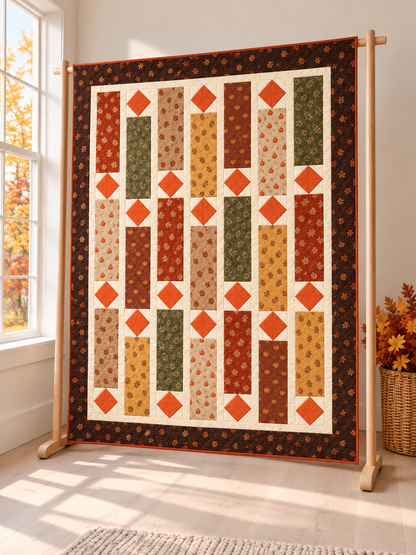 Harvest Lanterns autumn quilt on a quilt stand, angled view in a bright room